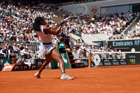 Coco Gauff plays a shot against Iga Swiatek during semifinal match